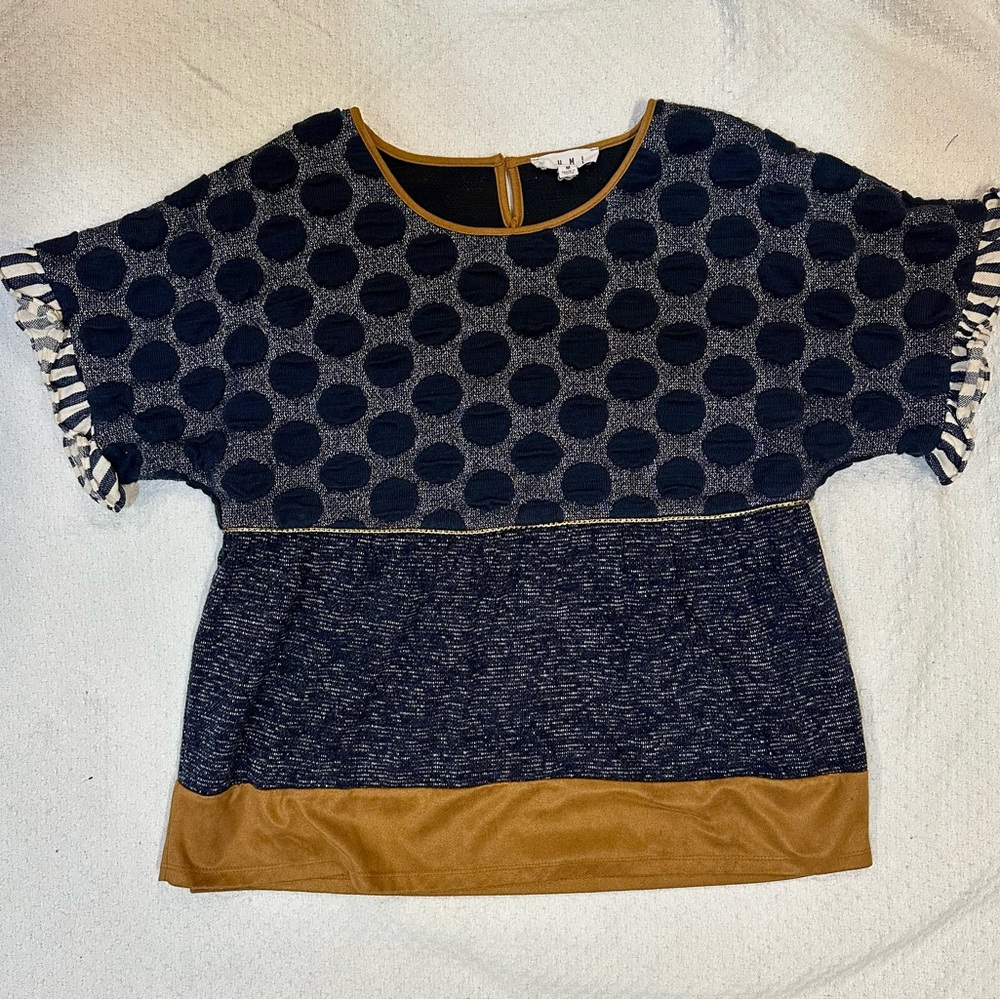 THML Navy and Tan Polka Dot Blouse